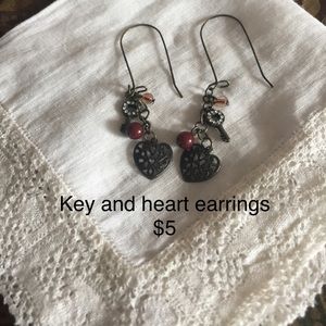 Key and heart dangle earrings